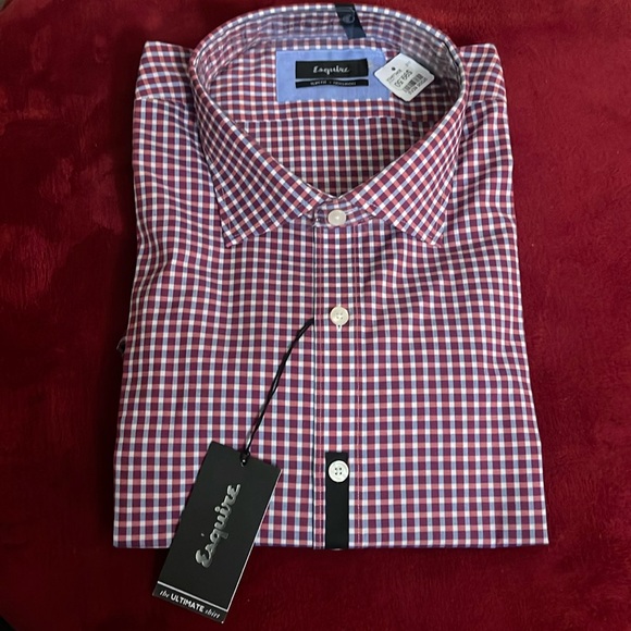NWT ESQUIRE Men's Button-down checkered Long Sleeve 19 34/35 Slim Fit Non Iron - Picture 1 of 6
